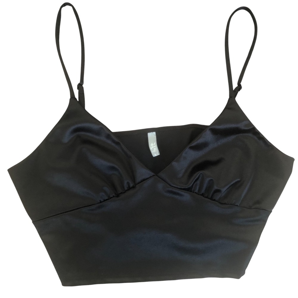 Sky and Sparrow Strappy Black Satin V-neck‎ Bralette Crop Top Size XXL